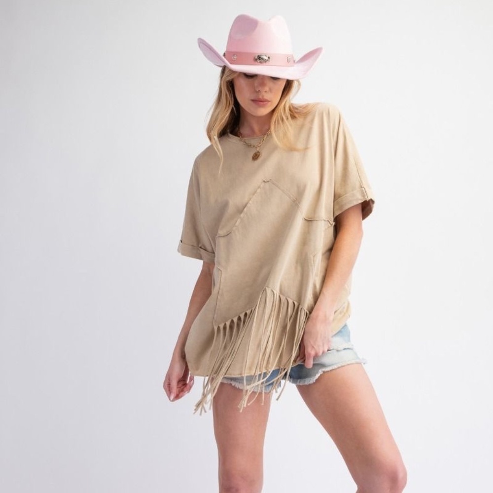 New Easel Star Fringed Cotton Tee Mineral Wash Cotton Shirt Top Short Sleeve - Picture 2 of 8